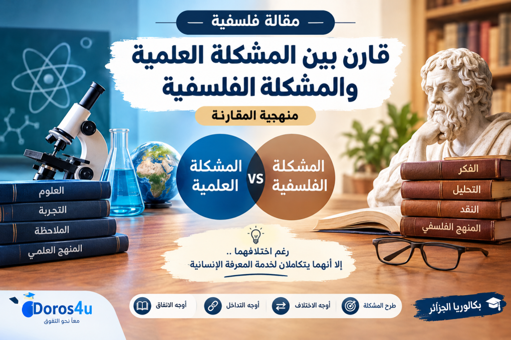 صورة تعليمية تقارن بين المشكلة العلمية والمشكلة الفلسفية لطلاب البكالوريا في الجزائر